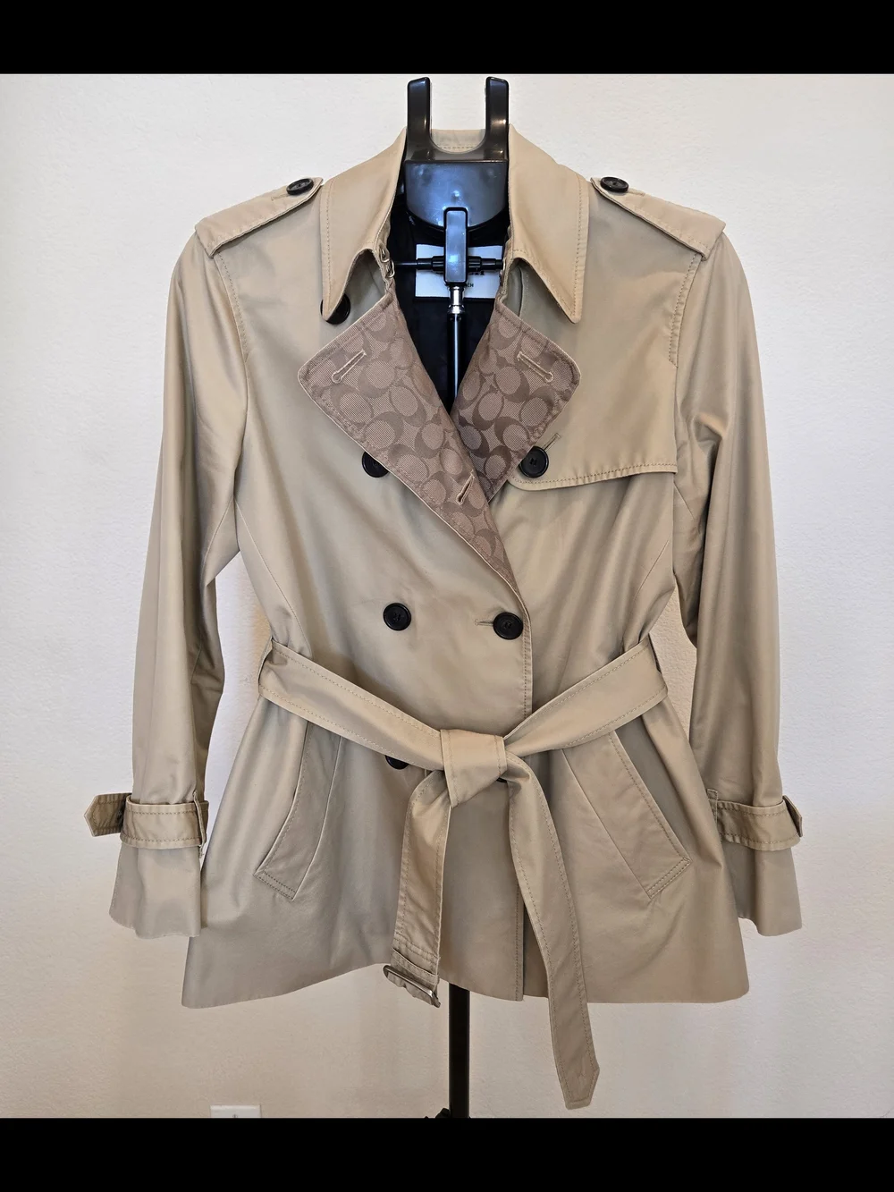 Coach Khaki Short Double-Breasted Trench Coat with Belt